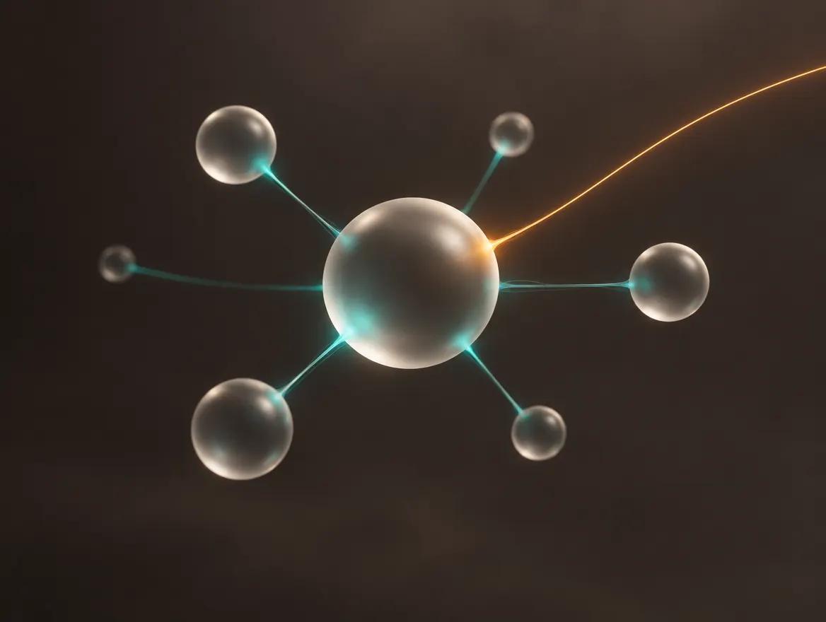 Ein gläserner Knoten, verbunden mit mehreren kleineren Knoten über türkise Lichtfäden